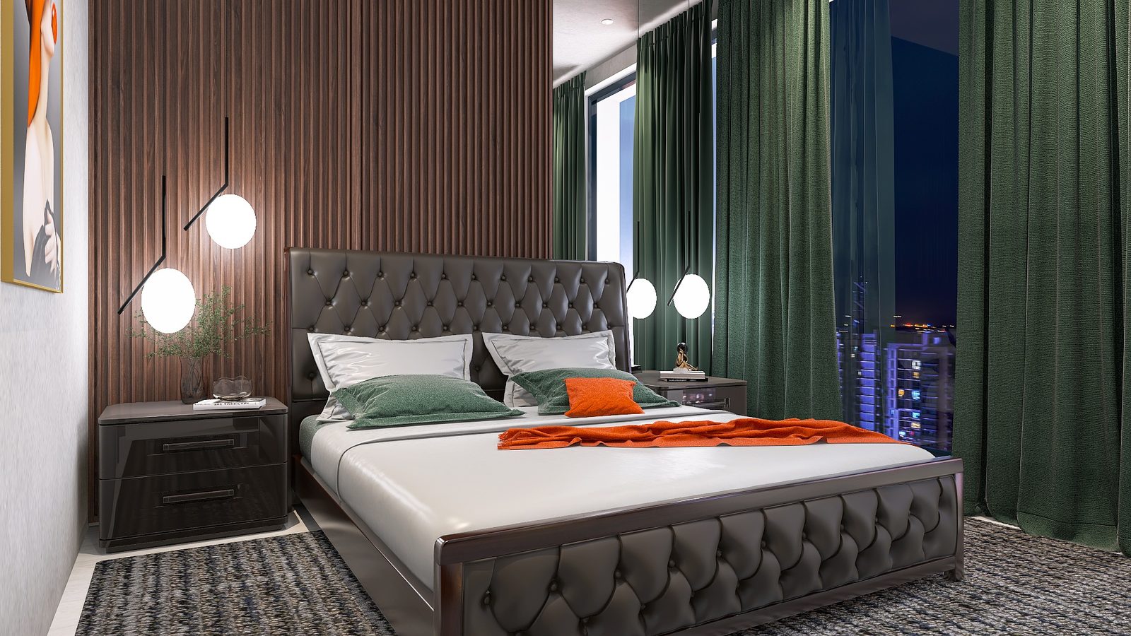 Schlafzimmer mit dunkler Lamellenwand